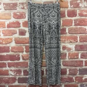 AB Studio Pants Women's M Black White Boho Floral Abstract Stretchy Pull On